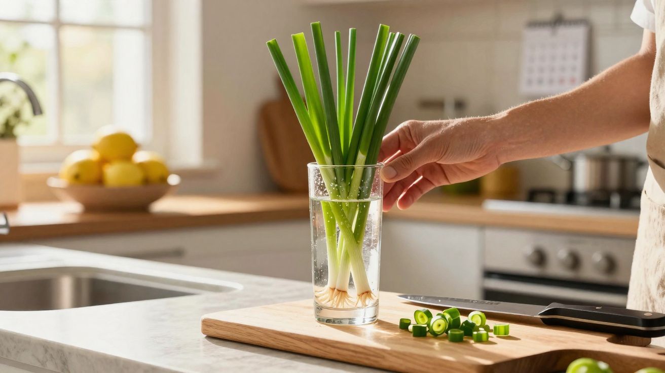 Mão a segurar copo com cebolinhas dentro, sobre bancada com tábua e cebolinhas cortadas numa cozinha iluminada.
