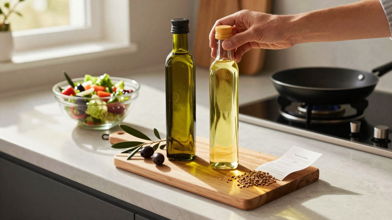 Mão a pegar garrafa de azeite numa tábua com sementes, azeitonas, óleo e taça de salada ao lado.