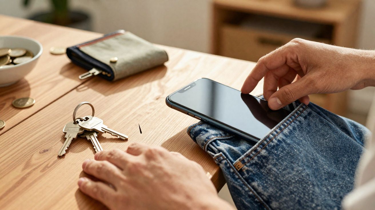 Pessoa a guardar um smartphone no bolso de umas calças jeans sobre uma mesa de madeira com chaves e carteira.