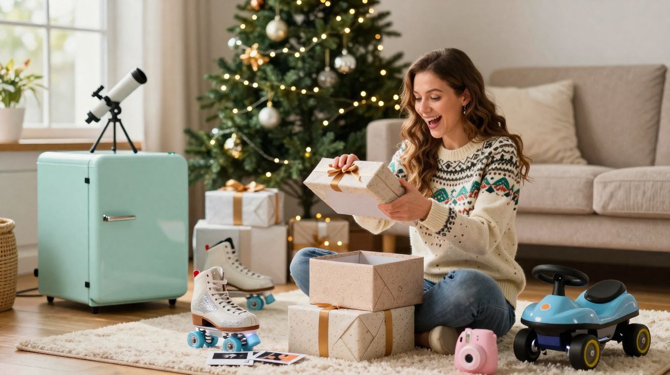 Mulher feliz abre presente de Natal sentada no chão ao lado de decoração festiva e brinquedos.