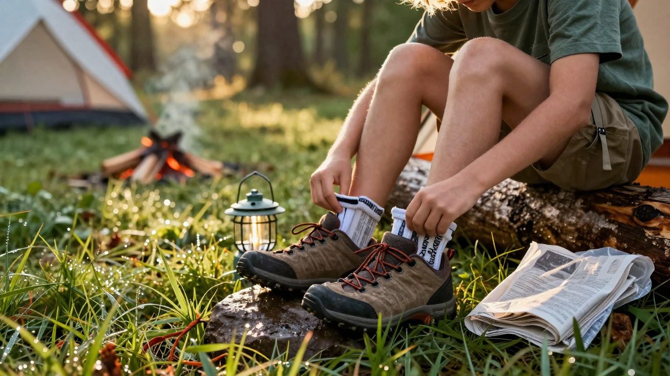 Criança a calçar botas de caminhada junto a uma fogueira e tenda durante um acampamento ao ar livre.