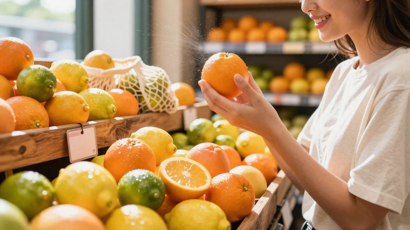 Pessoa com sorriso segurando e pulverizando uma laranja num mercado de frutas cítricas.