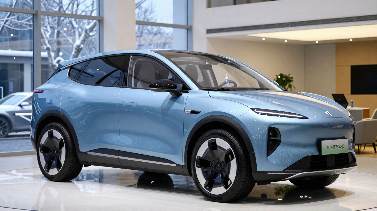 Carro elétrico SUV azul exposto em showroom moderno com grandes janelas e decoração minimalista.