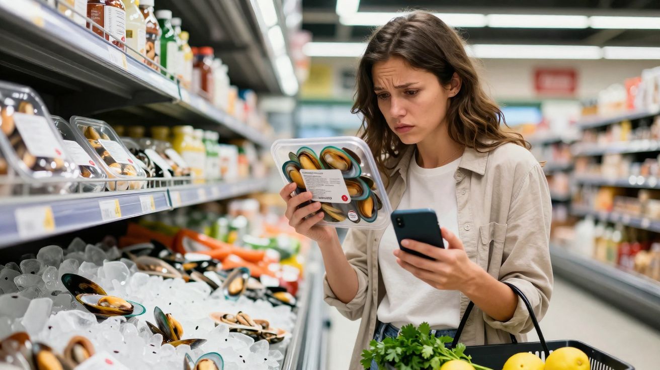 Mulher a ler embalagem de marisco no supermercado enquanto consulta telemóvel, com carrinho de compras cheio.