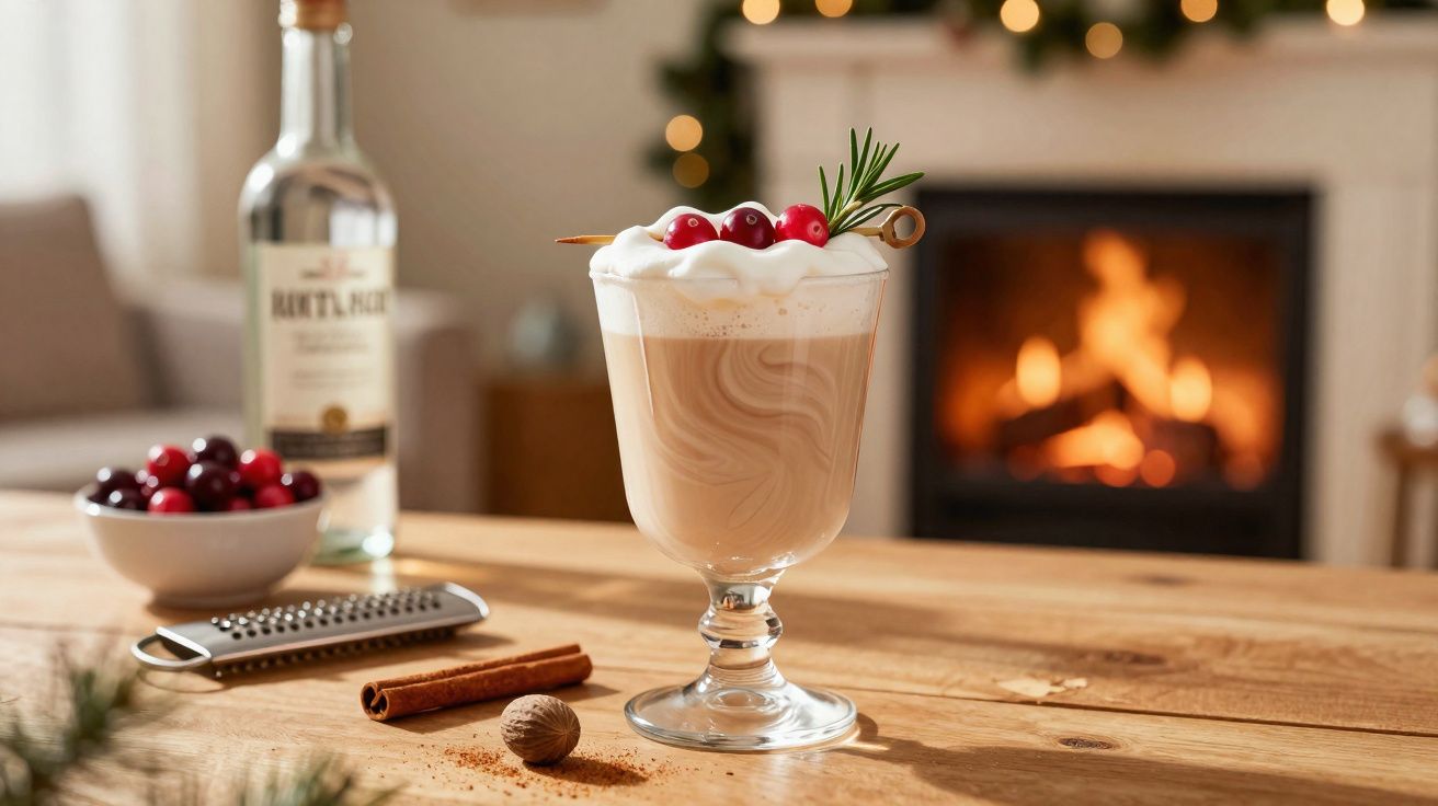 Copo de bebida cremosa decorada com bagas e alecrim, posto numa mesa de madeira junto a lareira acesa.