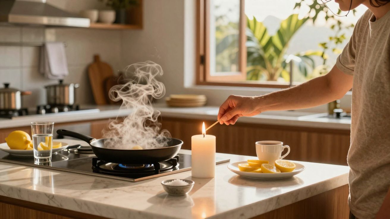 Pessoa a acender uma vela na cozinha com frigideira a fumegar e janela aberta ao fundo.