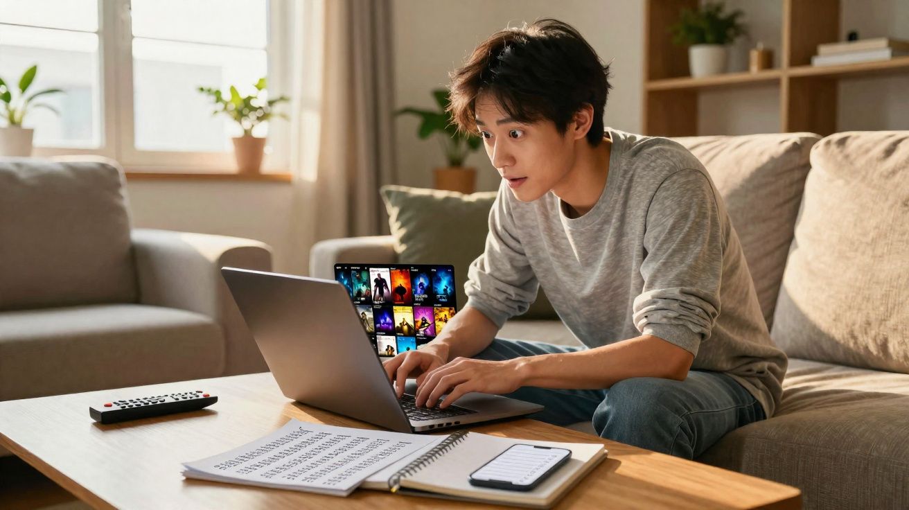 Jovem sentado no sofá a usar portátil para escolher filmes, com livros e telemóvel numa mesa à frente.
