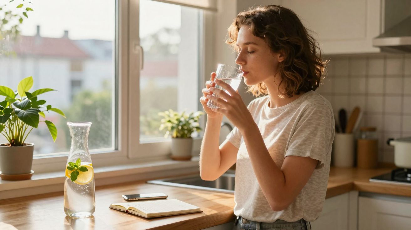 Mulher a beber água num copo na cozinha, junto a uma jarra com limão e plantas na janela.