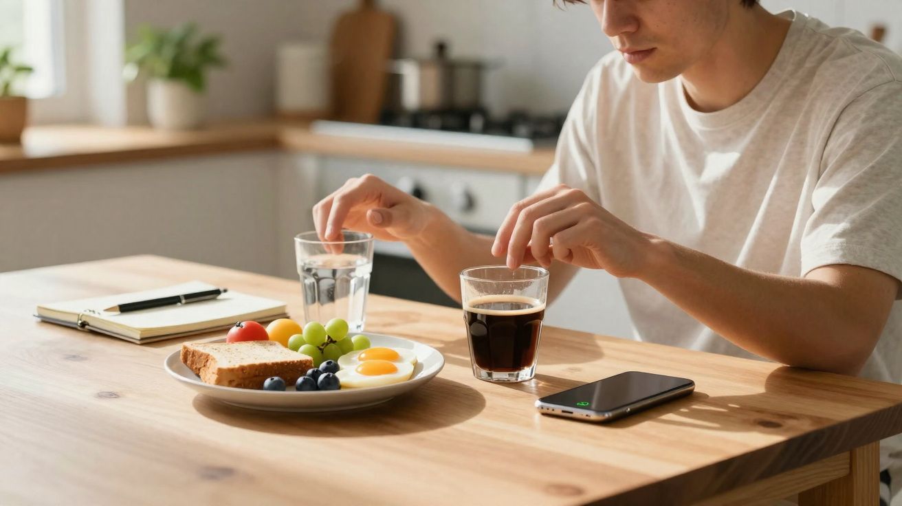 Pessoa sentada à mesa com pequeno-almoço, incluindo ovos, fruta, pão e café, num ambiente de cozinha iluminado.