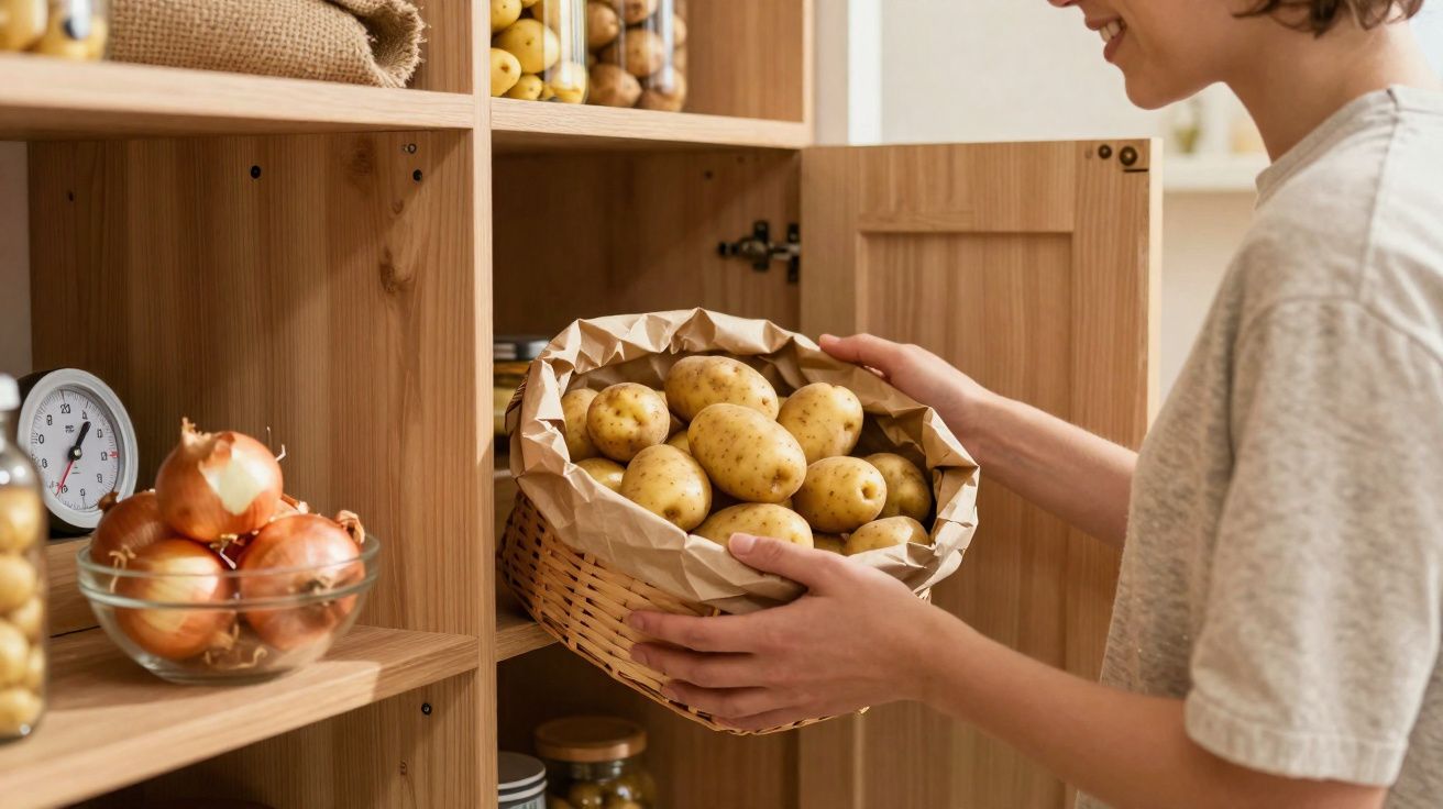 Pessoa a colocar um cesto com batatas numa despensa de madeira com cebolas e conservas.