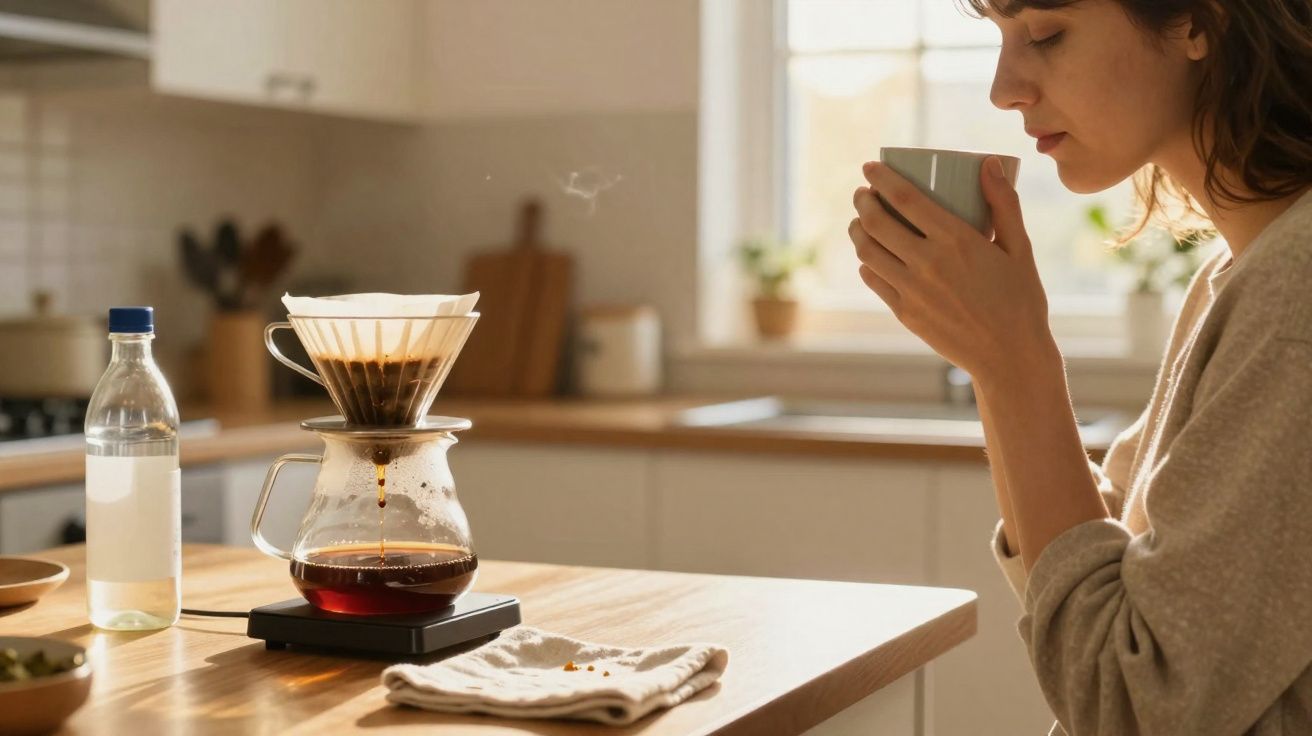 Mulher a cheirar café acabado de coar num ambiente de cozinha iluminado pela luz natural.