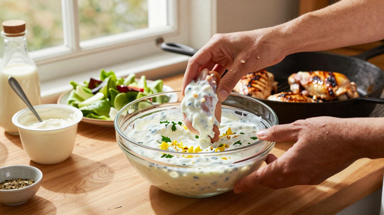 Mãos a mergulhar pão em molho cremoso, com frango grelhado, salada e condimentos numa mesa de madeira.