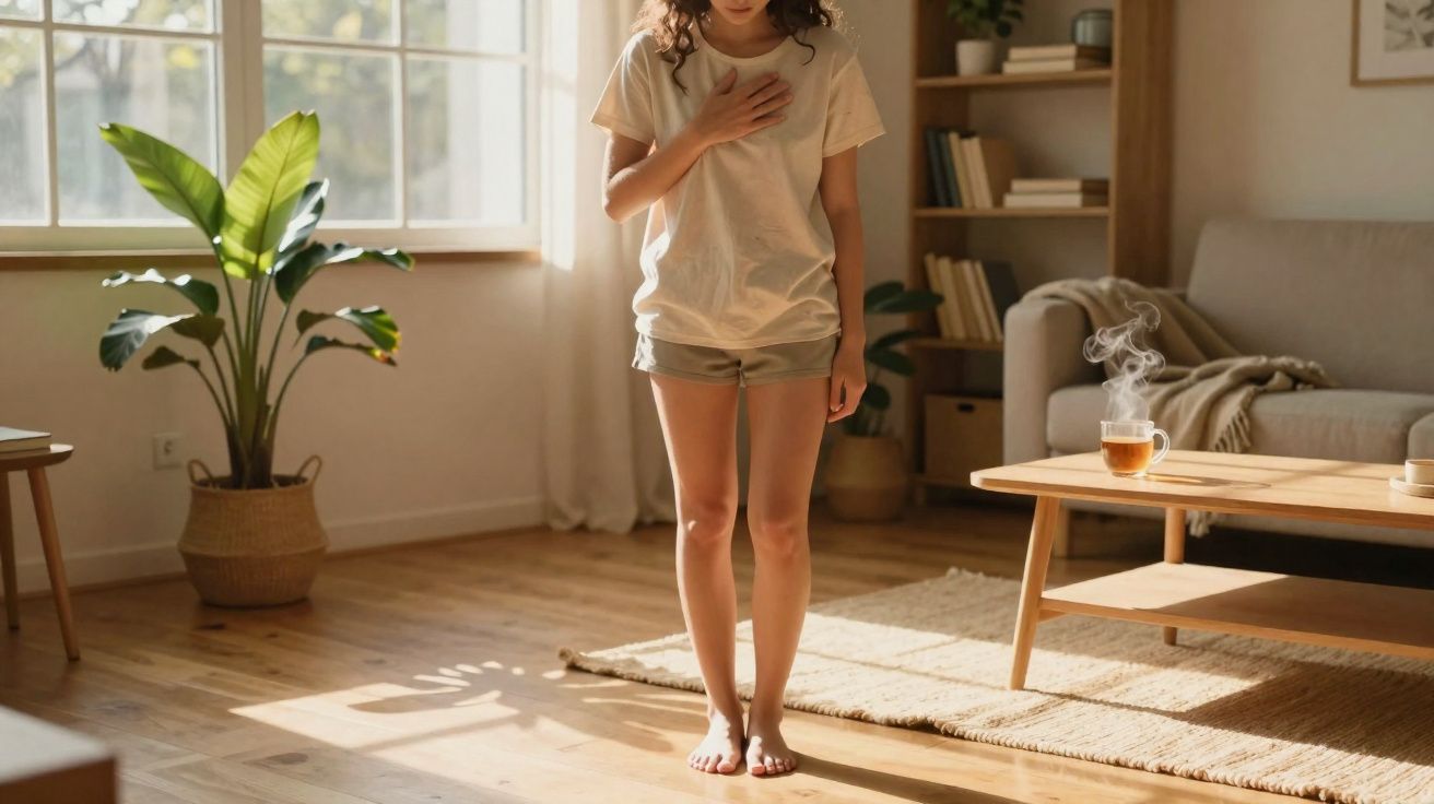 Criança em casa de pé com mão no peito em sala iluminada e chá quente numa mesa de madeira.