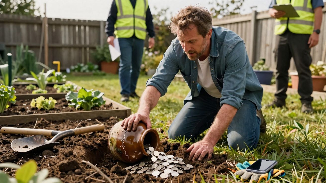 Homem ajoelhado a enterrar um pote com moedas num jardim, enquanto duas pessoas observam ao fundo.