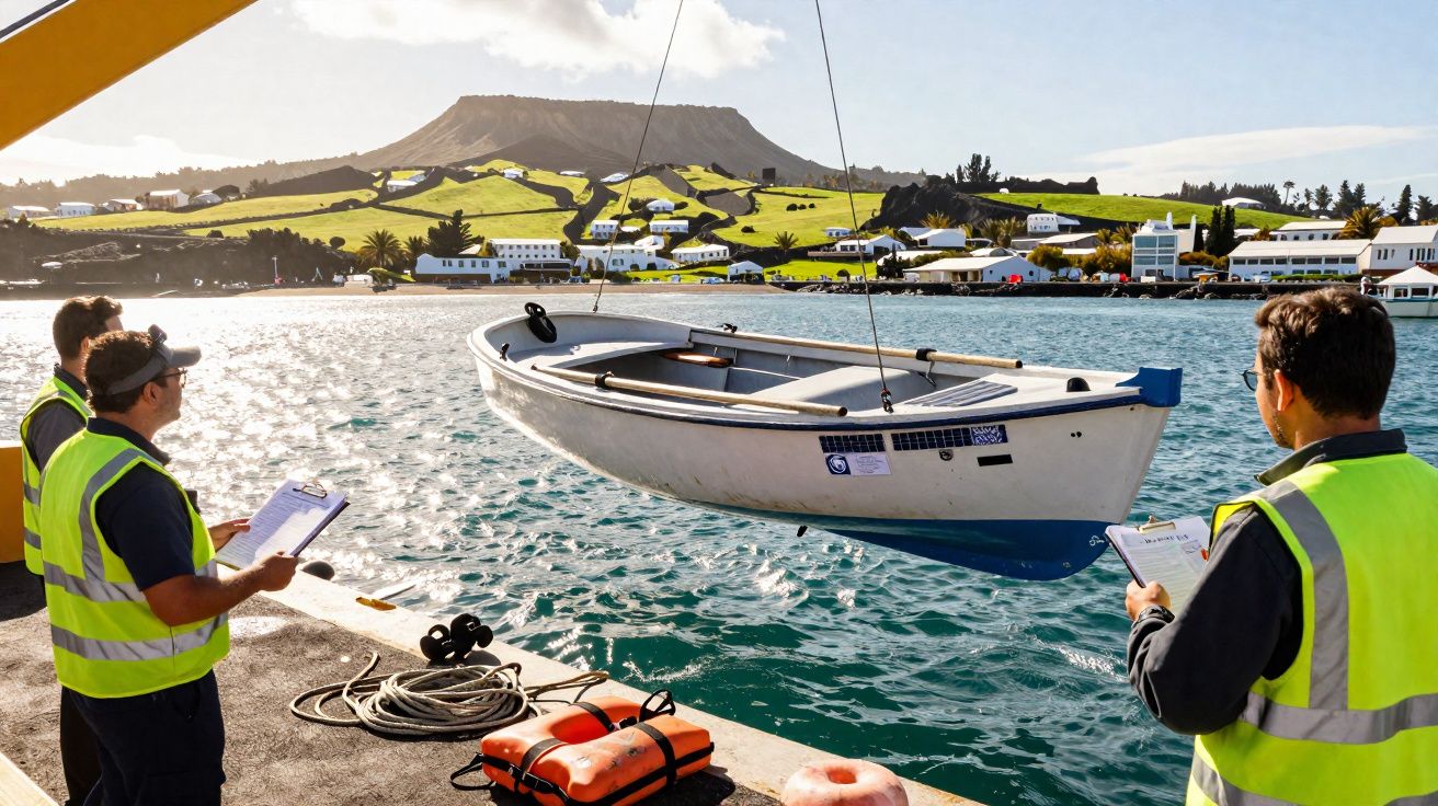 Três trabalhadores com coletes amarelos suspenderem um barco pequeno sobre a água num porto, com colina e casas ao fundo.