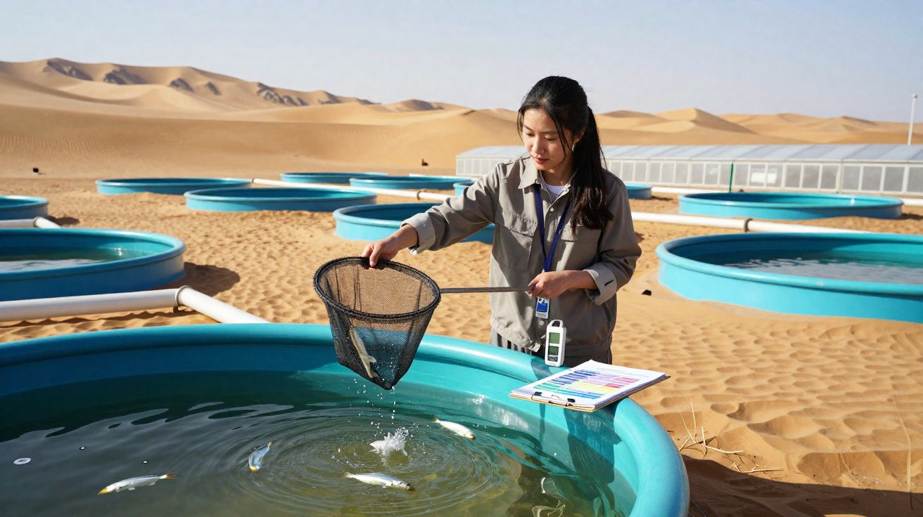 Mulher a recolher peixes numa rede em tanques circulares de aquicultura no deserto.