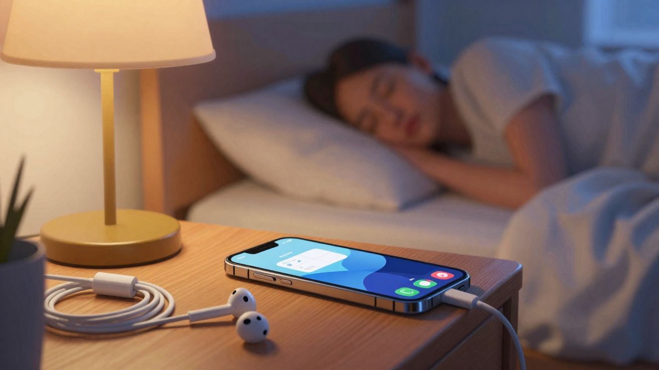 Pessoa a dormir ao fundo com telemóvel a carregar e auriculares numa mesa de cabeceira com candeeiro aceso.