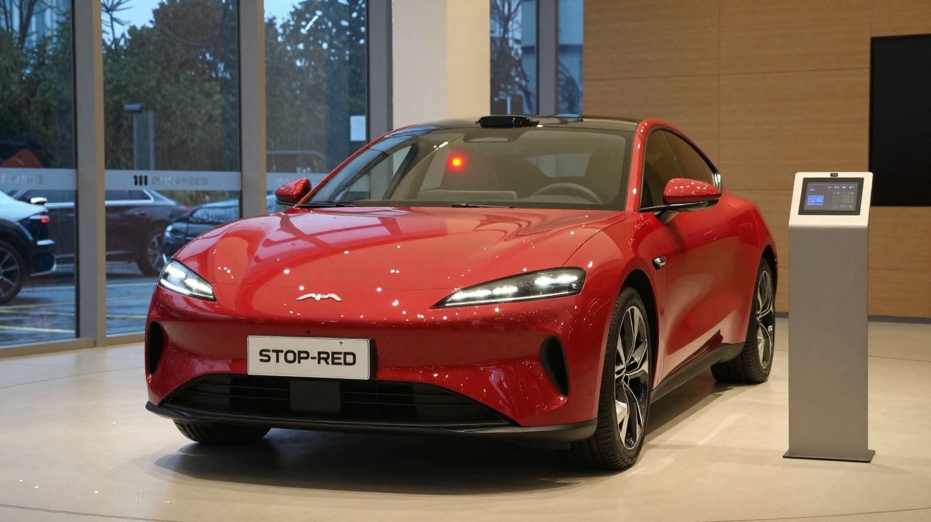 Carro desportivo elétrico vermelho exposto em salão de automóveis moderno com luz natural.