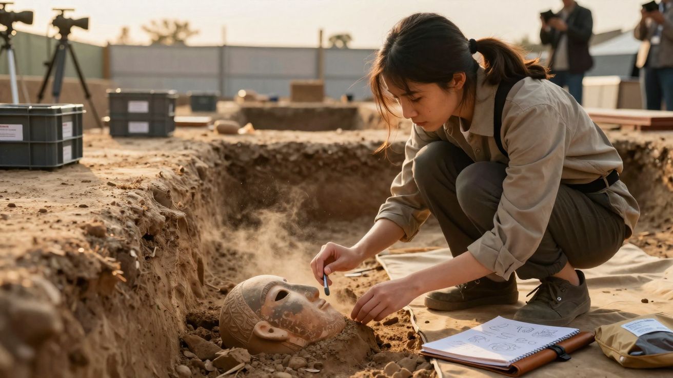 Arqueóloga escava e examina cuidadosamente uma máscara antiga num sítio arqueológico ao entardecer.