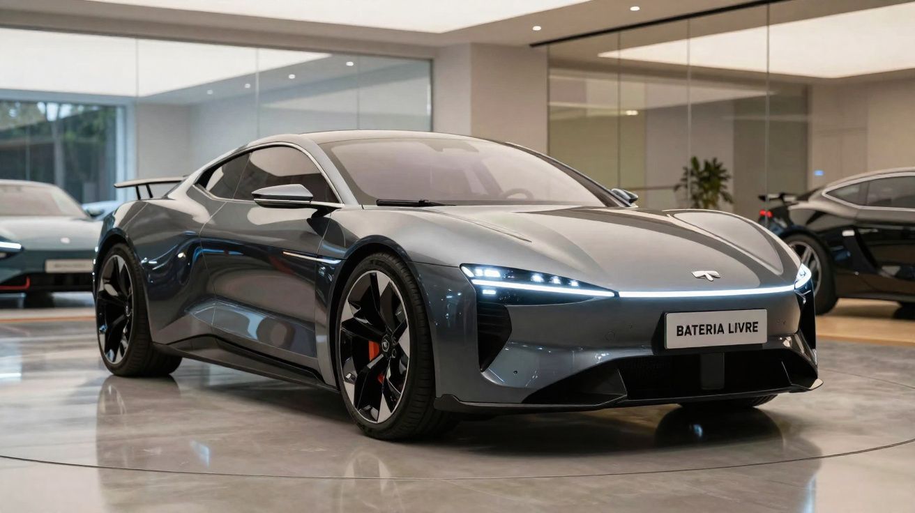 Carro elétrico desportivo cinza com faróis LED exposto numa sala moderna de exposição automóvel.