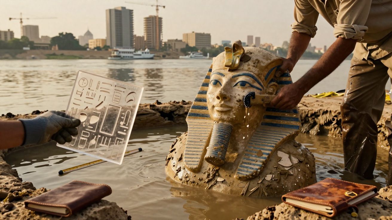Escultor limpa estátua egípcia de faraó parcialmente submersa, com rio e cidade ao fundo.
