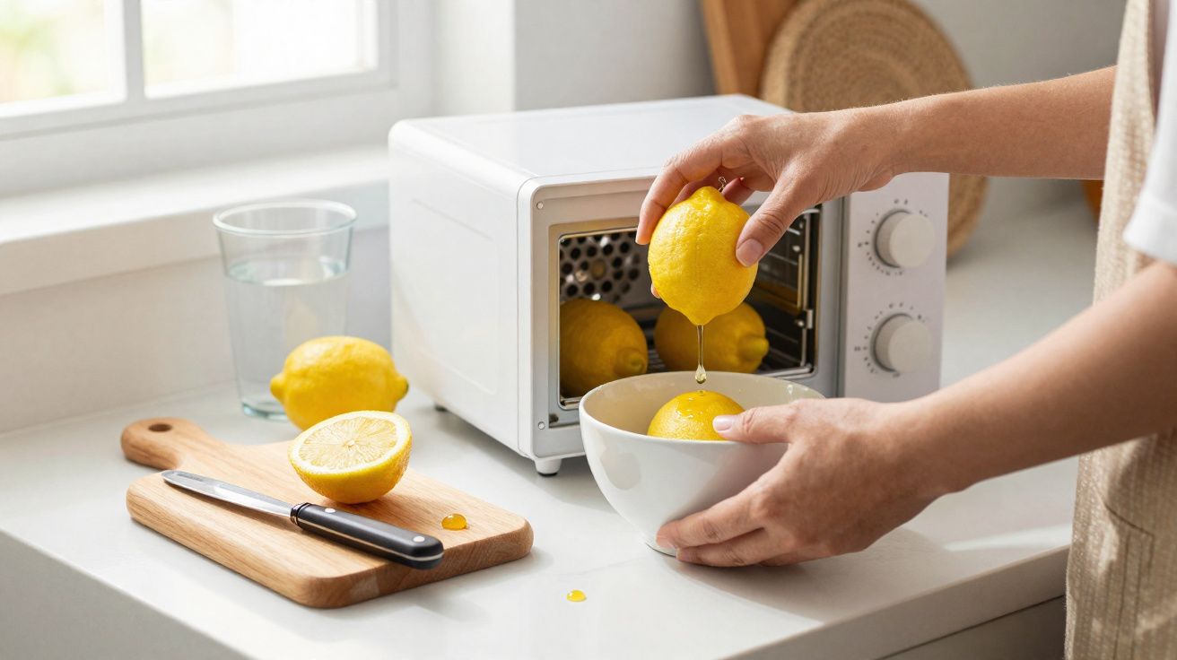 Pessoa espremendo limão sobre uma taça branca numa bancada de cozinha com micro-ondas, limões e copo de água.