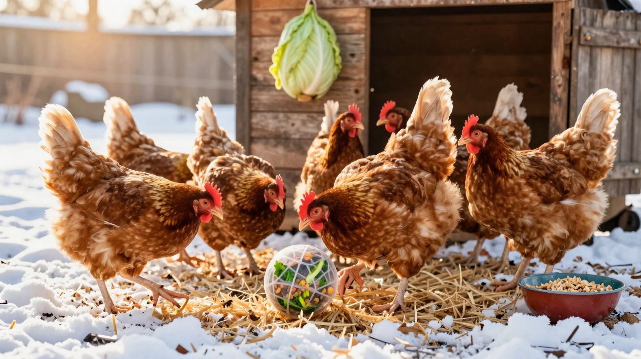 Galinha castanha em neve perto de galinheiro, com legumes numa bola de brinquedo e comida num prato azul.