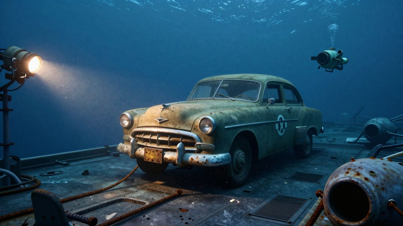 Carro antigo submerso num submarino com luzes e equipamento de mergulho ao redor.