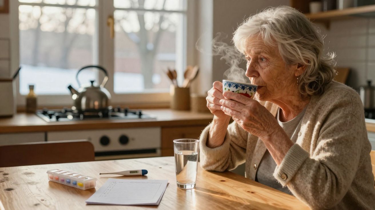 Idosa sentada na cozinha a beber chá com remédios e termómetro numa mesa de madeira.