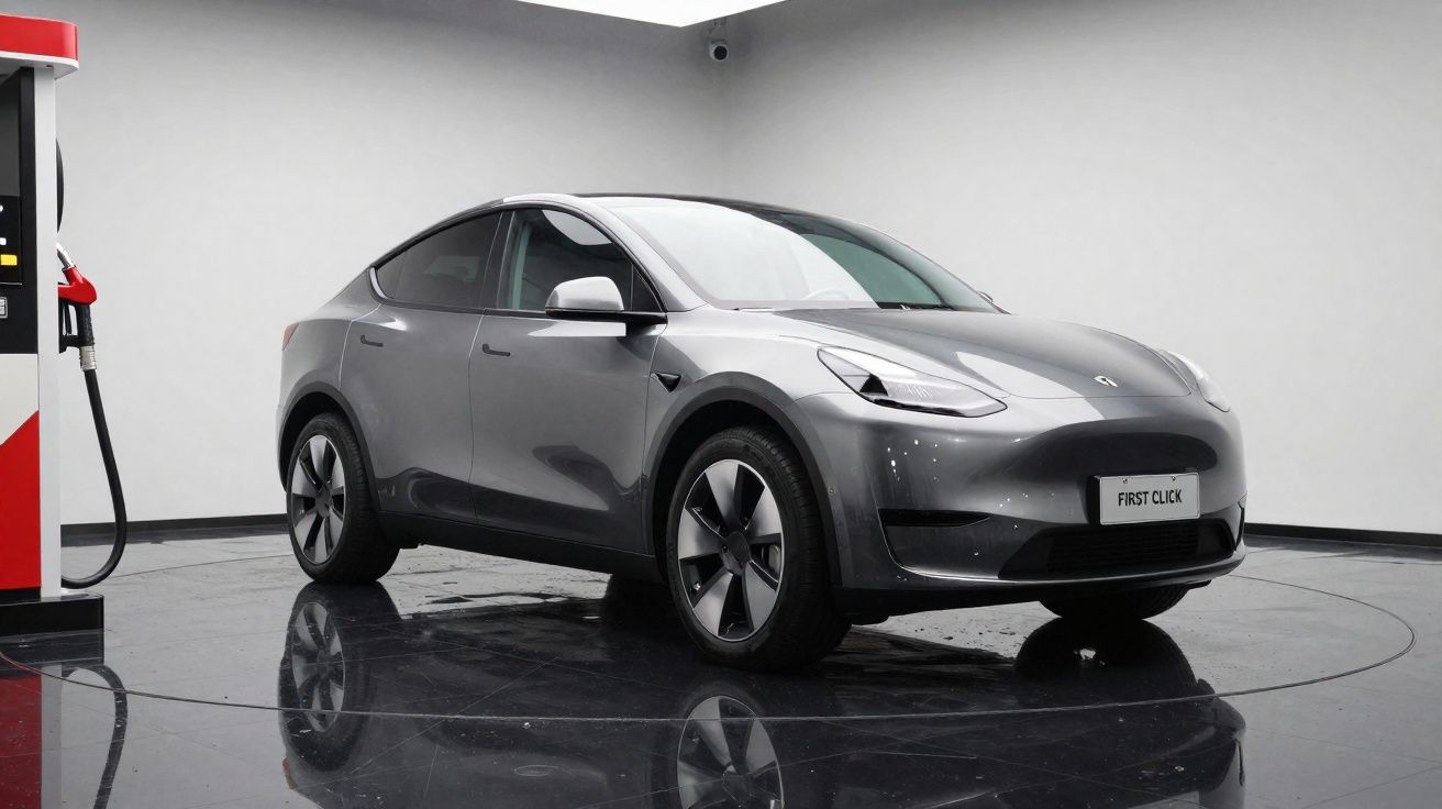 Carro elétrico cinzento estacionado em piso brilhante perto de bomba de combustível num espaço minimalista.