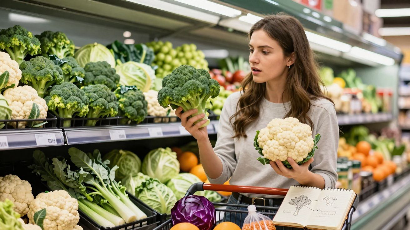 Mulher no supermercado a escolher entre brócolos e couve-flor na zona das verduras frescas.