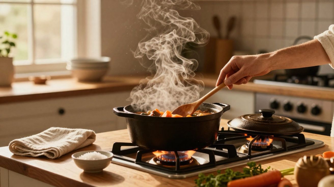 Mão a mexer uma panela fumegante no fogão da cozinha com vegetais a cozinhar.