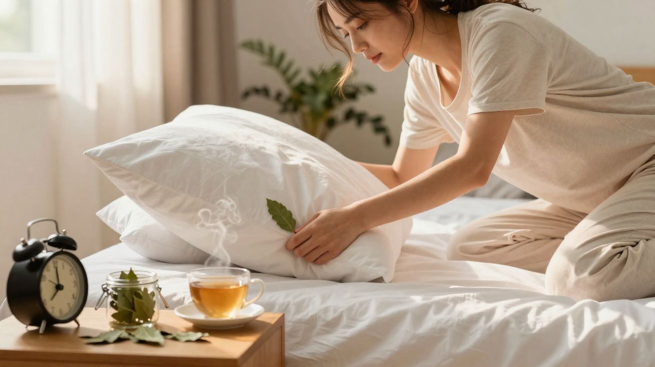 Mulher coloca folhas em almofada numa cama branca, com chá quente e relógio na mesa ao lado.