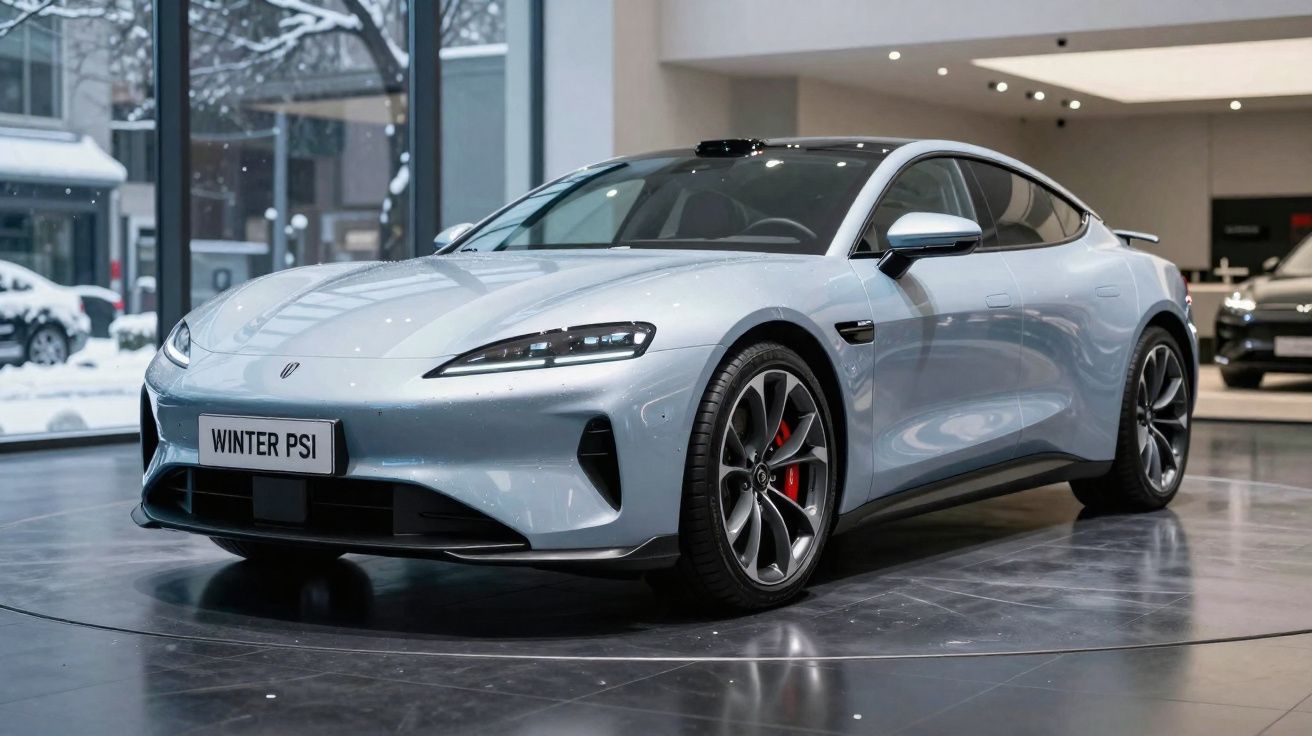 Carro desportivo elétrico prata em exposição numa sala com grandes janelas e chão refletor.