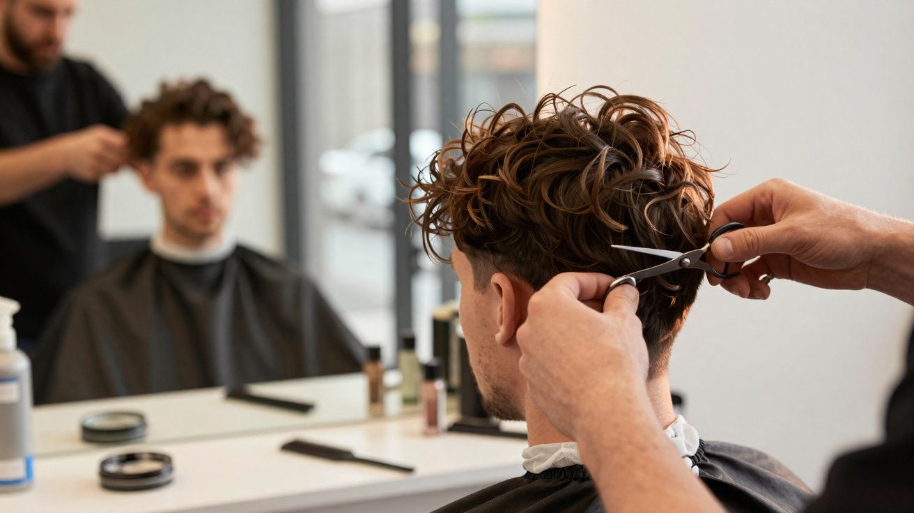 Homem com cabelo encaracolado a ser cortado por barbeiro numa barbearia moderna.