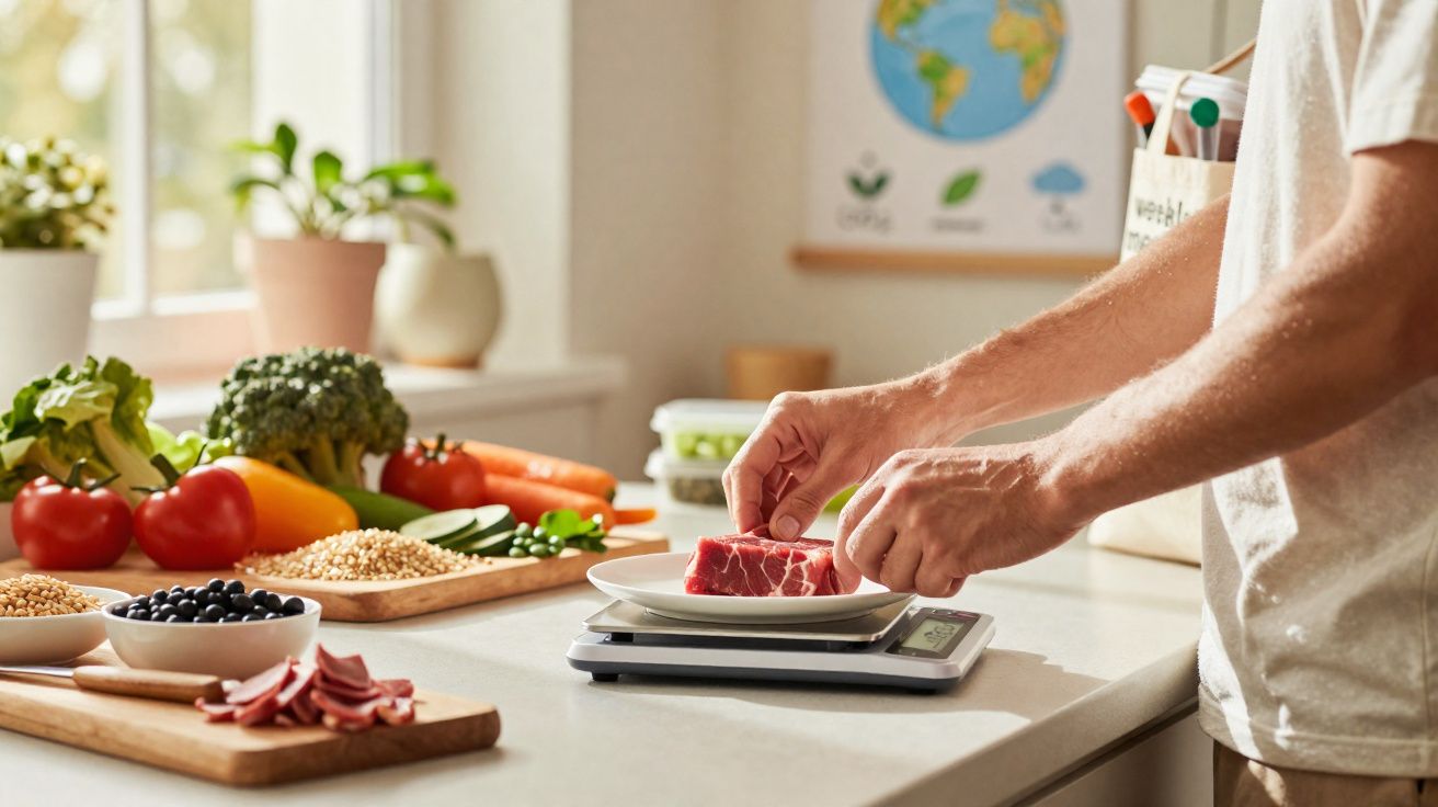 Pessoa a pesar pedaço de carne numa cozinha com legumes frescos ao fundo.