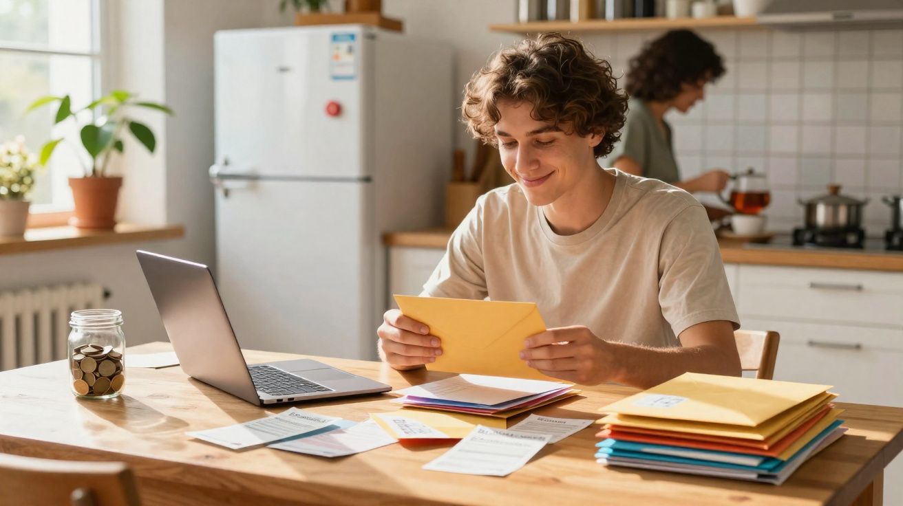 Jovem sentado à mesa a organizar correspondência com laptop aberto e pessoa ao fundo na cozinha.