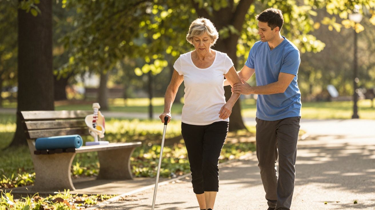 Homem ajuda senhora idosa a caminhar com bengala num parque ensolarado.
