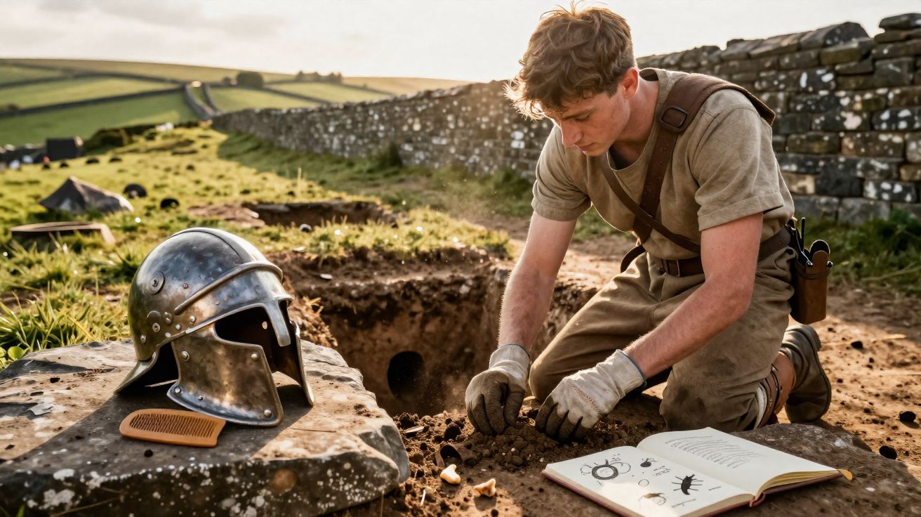 Jovem arqueólogo escava no solo perto de uma muralha antiga, com capacete medieval e livro aberto ao lado.