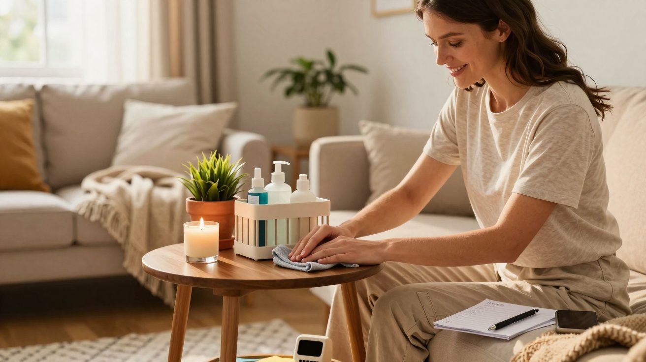 Mulher sorridente limpa uma mesa de madeira numa sala de estar com candeeiro, planta e sofá ao fundo.