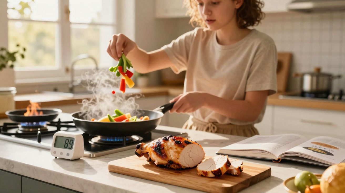 Jovem a cozinhar legumes numa frigideira com peru assado e livro de receitas numa cozinha iluminada.
