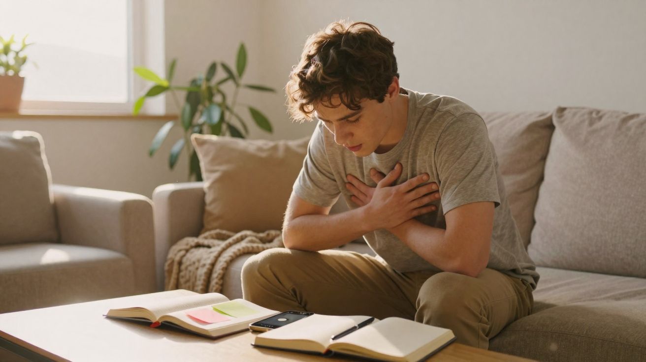 Jovem sentado no sofá com as mãos no peito, aparentando dor ou desconforto.