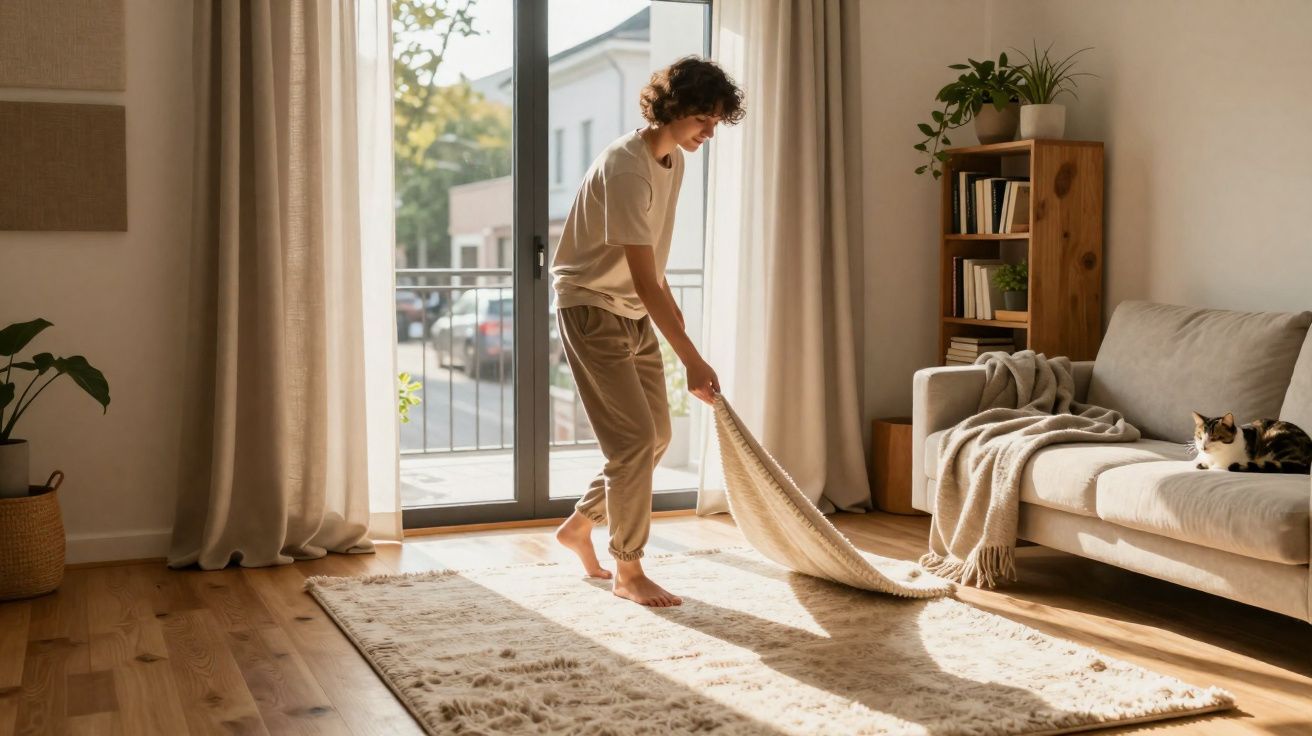 Pessoa jovem a estender tapete numa sala iluminada, com sofá cinza e gato sentado ao lado.