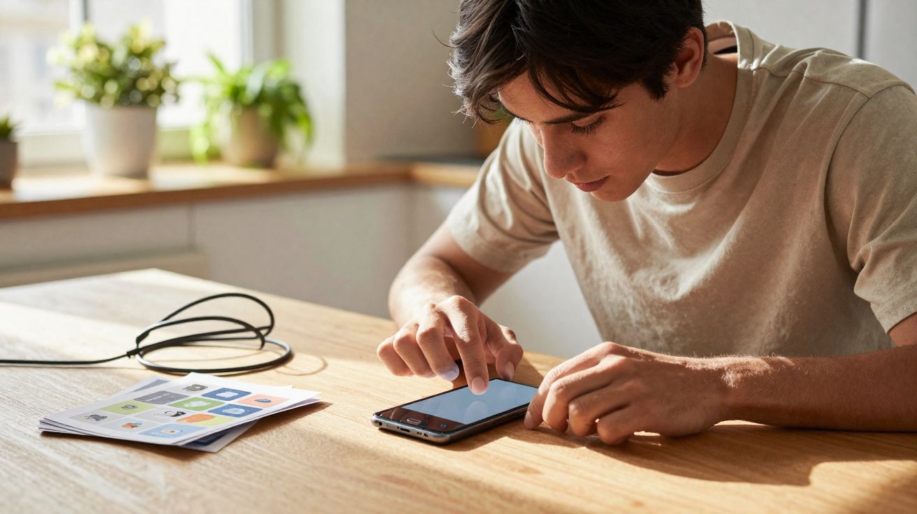Jovem sentado à mesa a usar smartphone, com manual e auscultadores ao lado, num ambiente luminoso.