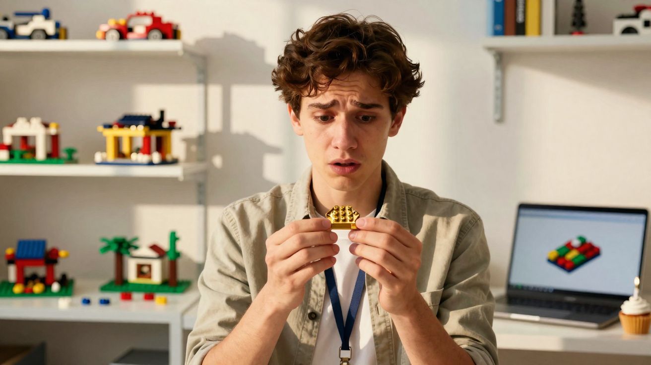 Jovem surpreso a examinar uma peça de construção LEGO amarela em escritório com computador e brinquedos ao fundo.