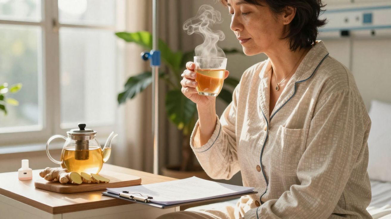 Mulher em pijama sentada a beber chá quente numa chávena, com chávena e gengibre numa mesa à frente.