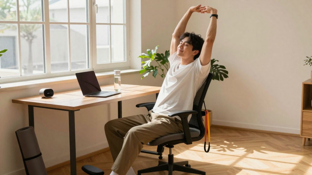 Homem sentado numa cadeira de escritório a espreguiçar-se junto a secretária com portátil e janela grande.