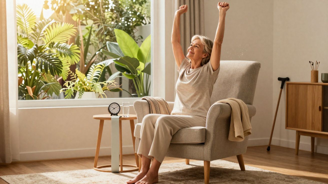 Mulher idosa a esticar os braços sentada numa poltrona numa sala iluminada com plantas junto à janela.