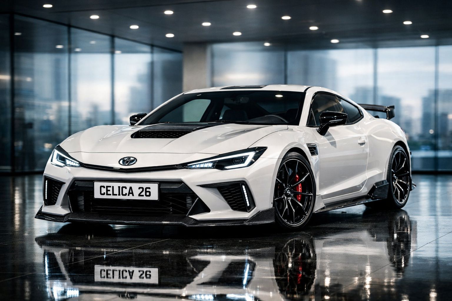 Carro desportivo branco Toyota Celica 26 estacionado em chão envidraçado numa sala moderna.