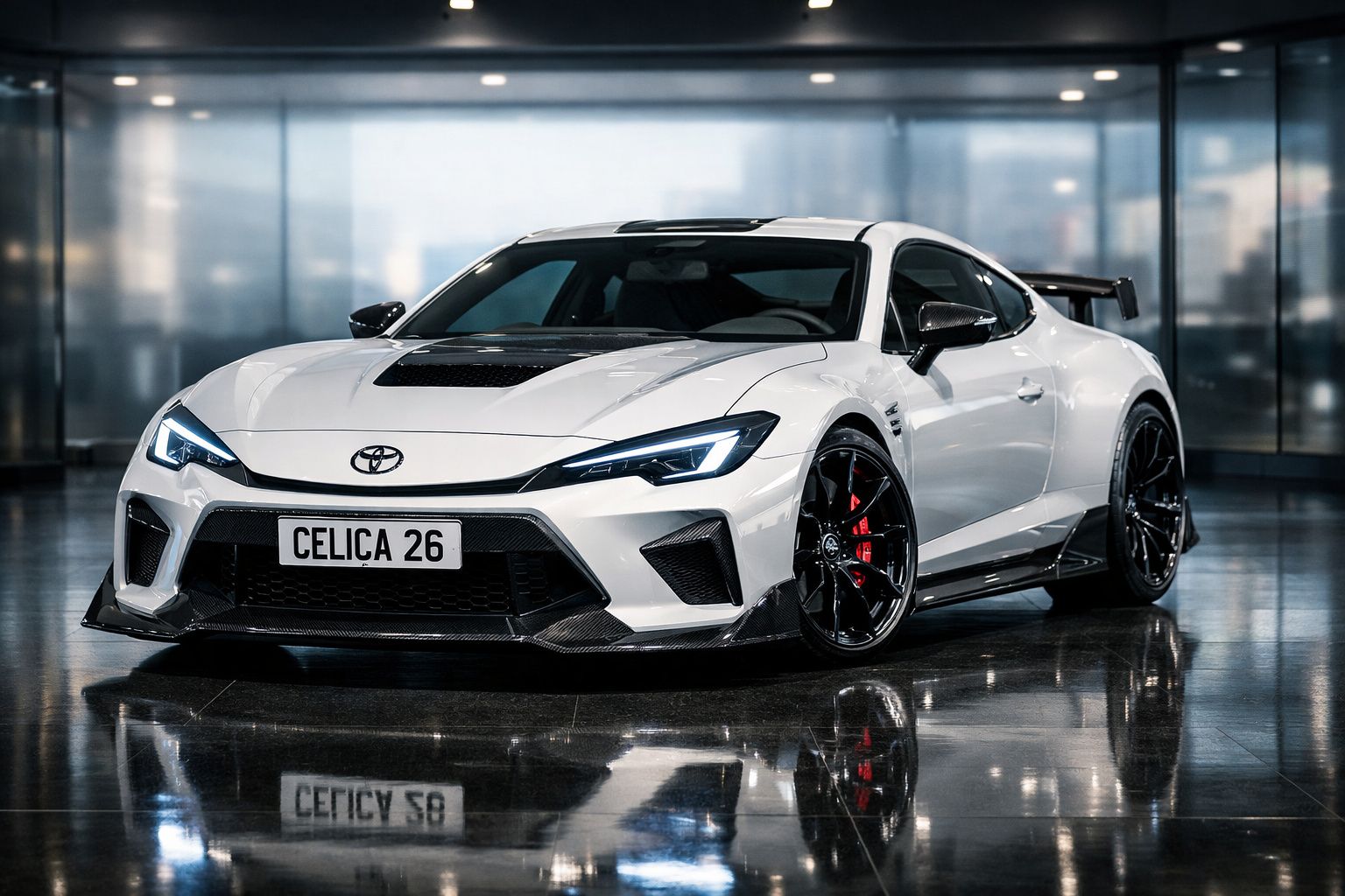 Carro desportivo Toyota Celica branco com detalhes em preto estacionado em piso refletor.
